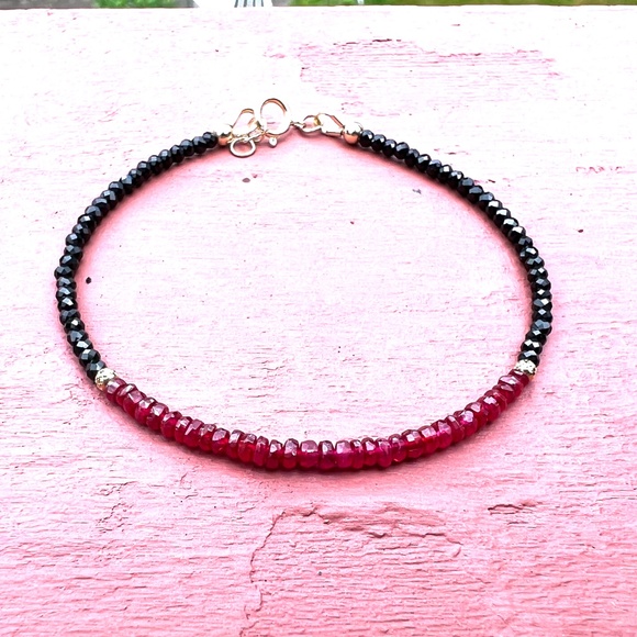 Natural Black Spinel and Ruby Bracelet Handmade in Solid 14k Yellow Gold - Picture 3 of 9